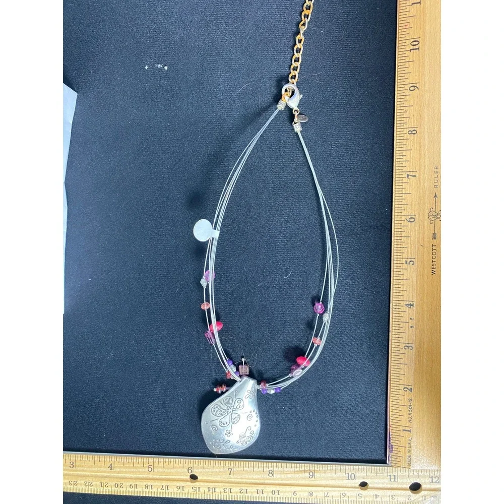 Silver Tone Pendant Necklace with Multi Color Beads and Gold Chain Accent‎